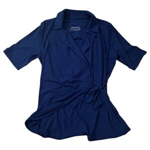 Betabrand Women's Short Sleeves Faux Wrap Blouse Top Blue Sz Medium